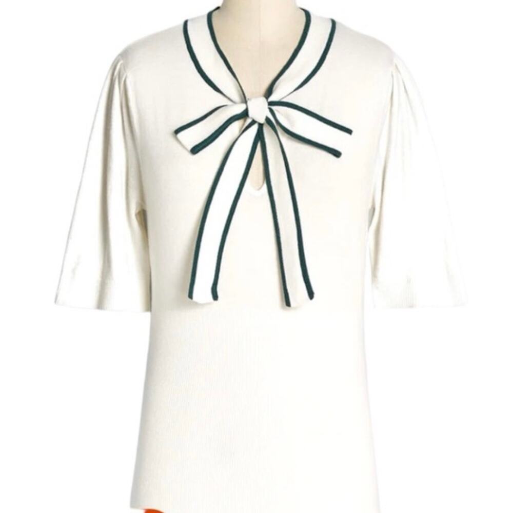 Modcloth Retro Inspired Cream and Green Bow Thyself Neck Tie Knit Top XL NWT